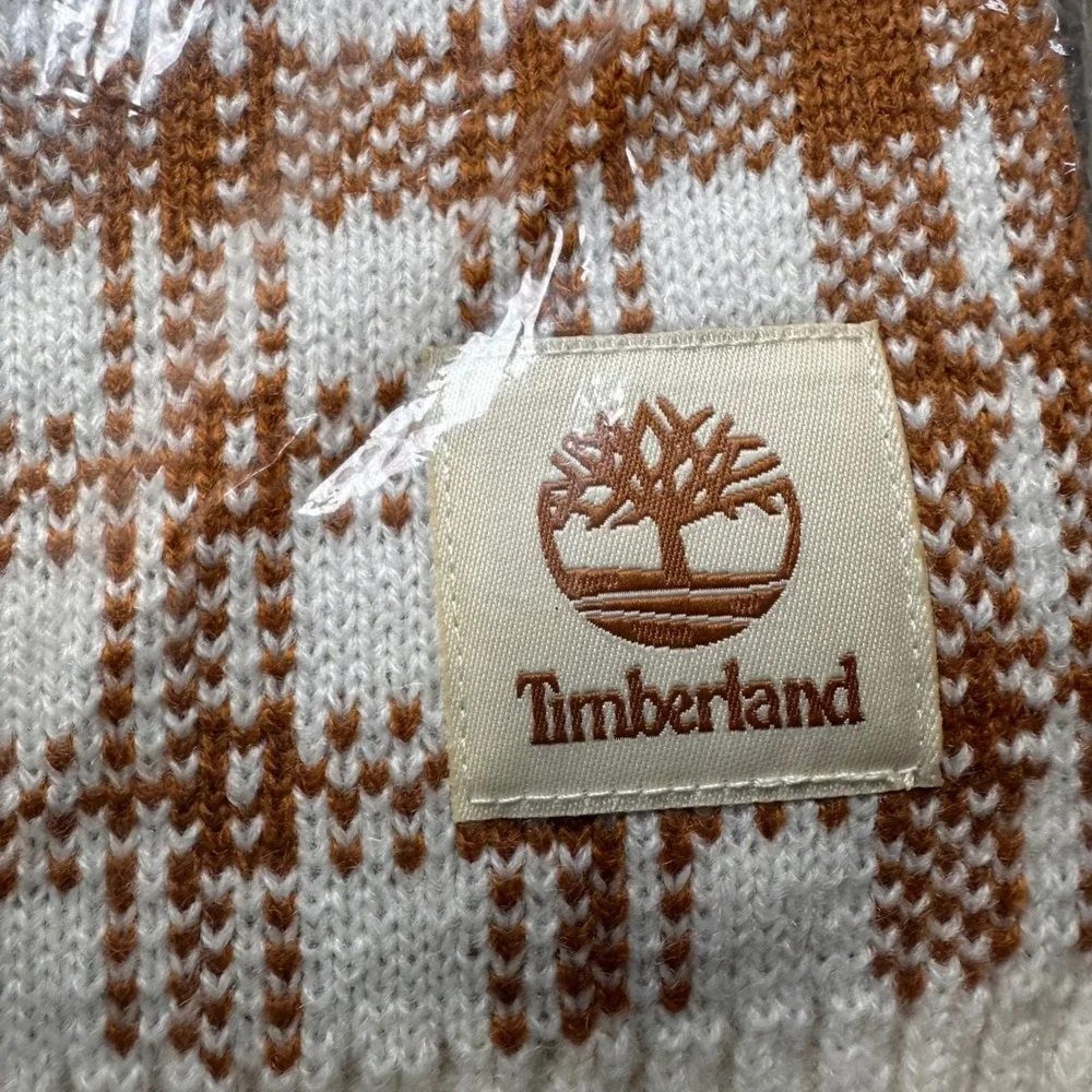 Timberland Mens Womens Buffalo Plaid Scarf Wheat White Knit TIM-FA-012 NWT $60